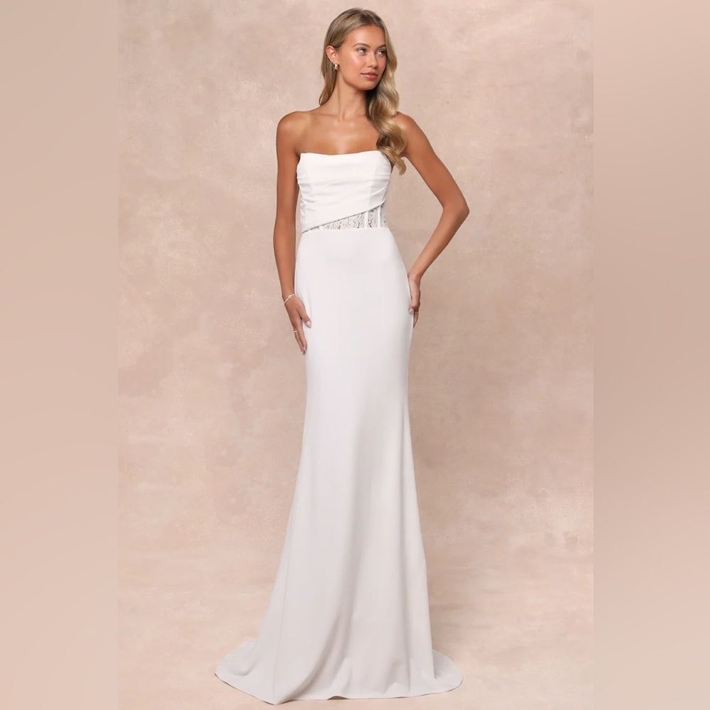Lulus Avowed Adoration White Sheer Lace Pleated Strapless Maxi Dress